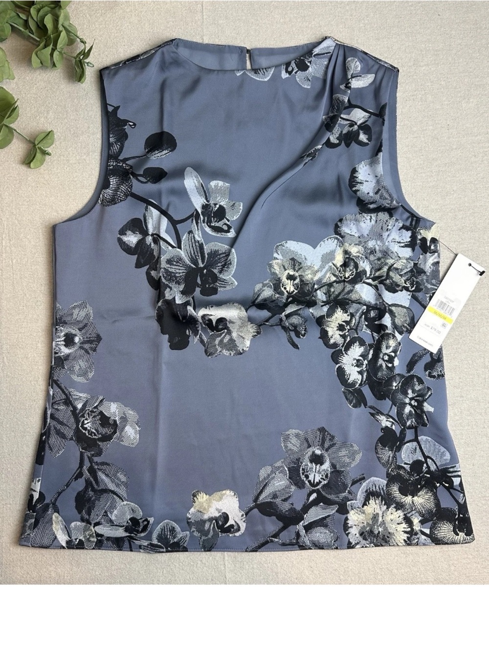 Calvin Klein Charmeuse Blue Floral Tank Pleated Shoulder NWT